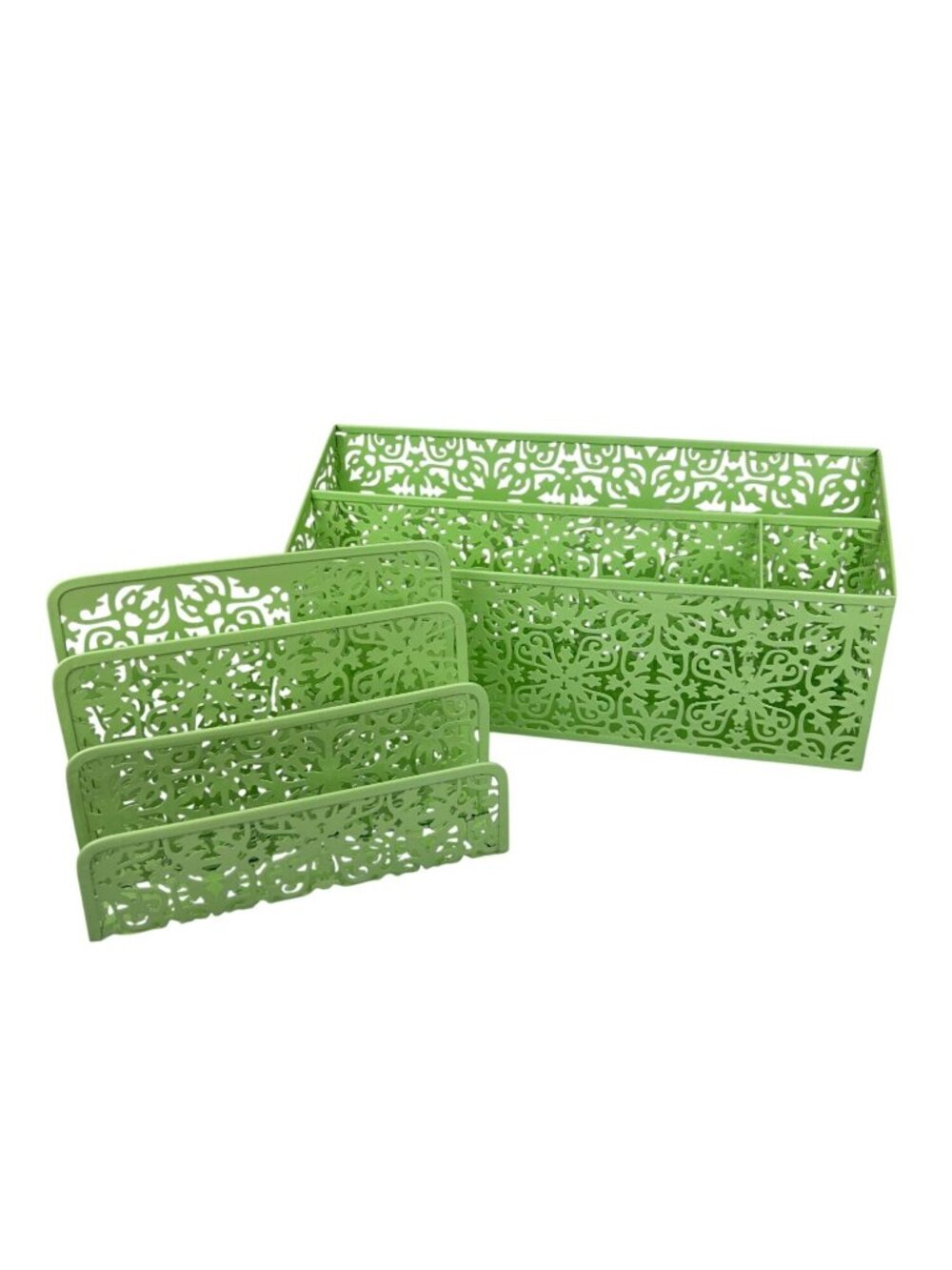 Lime Green Metal Mail Letter Organizer Desk Office Set of 2 Patterned Cut Out